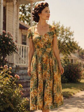 Vintage 1960s 1970s Floral Dress Green Orange Yellow Mad Men S/M Retro Outfit